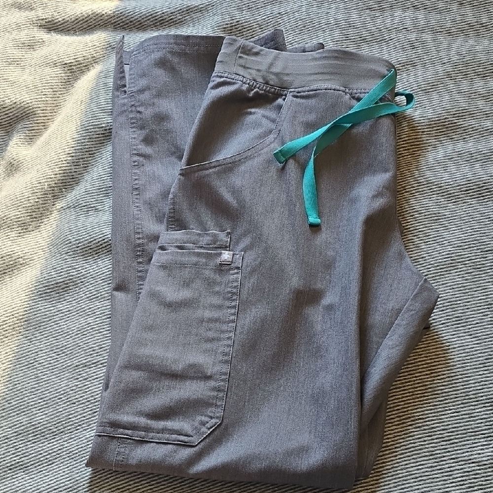 Figs Women's Kade Cargo Pants in Charcoal with Turquoise Ties
